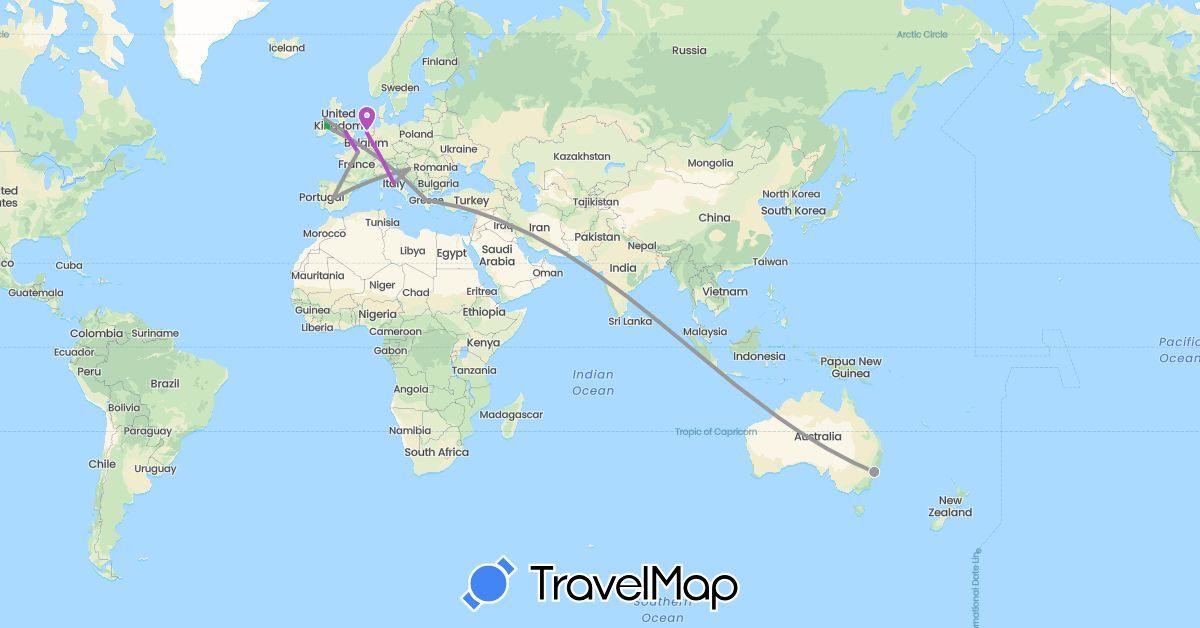 TravelMap itinerary: driving, bus, plane, train in Australia, Spain, France, United Kingdom, Greece, Croatia, Ireland, Italy, Netherlands (Europe, Oceania)